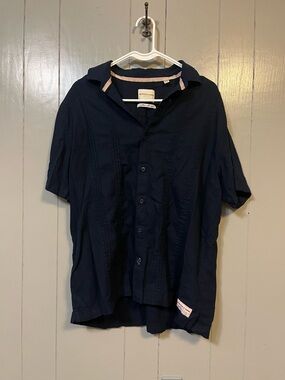 Scotch & Soda Men’s Large Navy Blue Linen Blend Pintuck Button Preppy Coastal